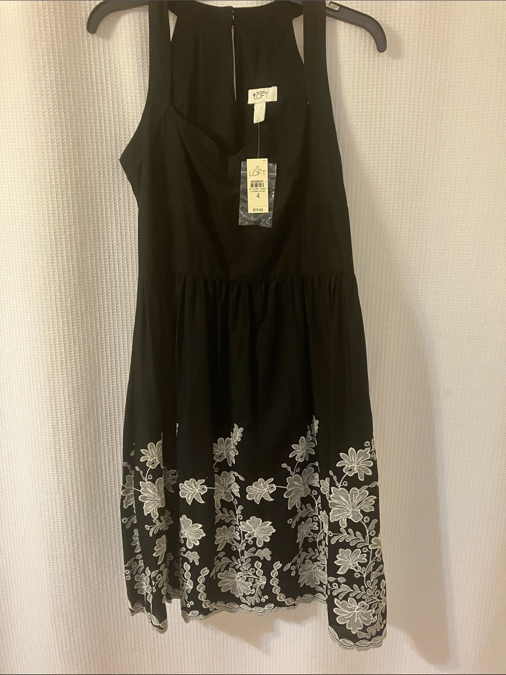 LOFT Black Midi Dress with White Floral Hem